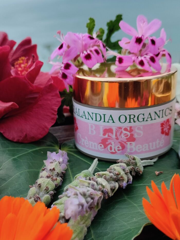 Zealandia Organics BLISS Perfume Cream Crème de Beauté in a frosted glass container with a gold lid, featuring organic Lavender and Ylang-Ylang scents.